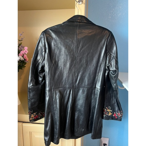 Y2K Vtg Womens Large Black Real Leather Jacket Embroidered Floral Biker Boho - Picture 5 of 10